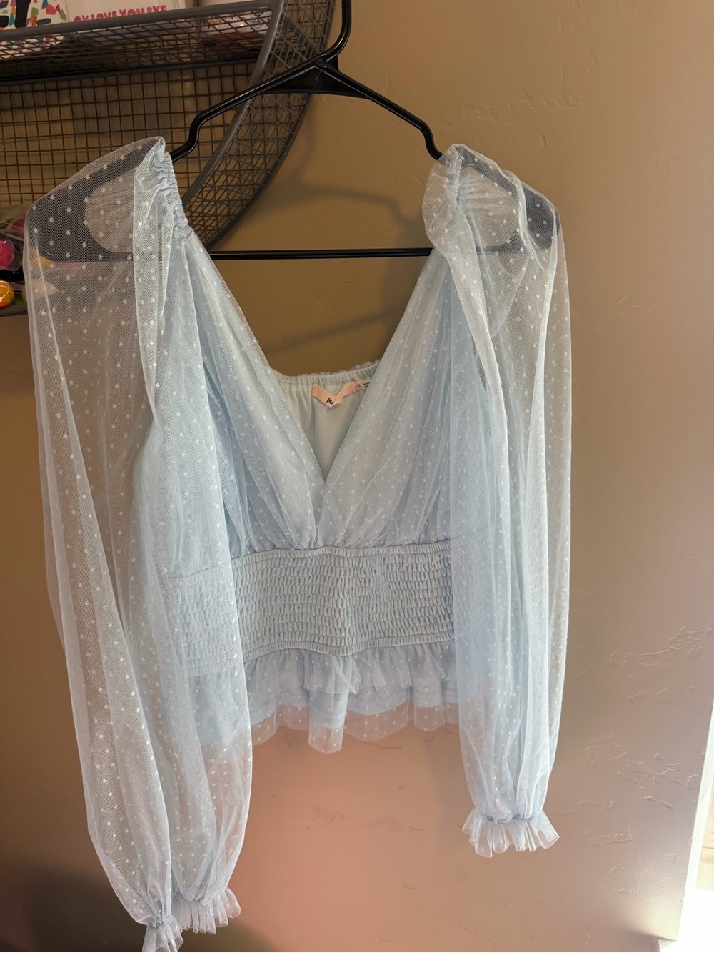 Light Blue Puff Sleeve Swiss Dot Peplum Top